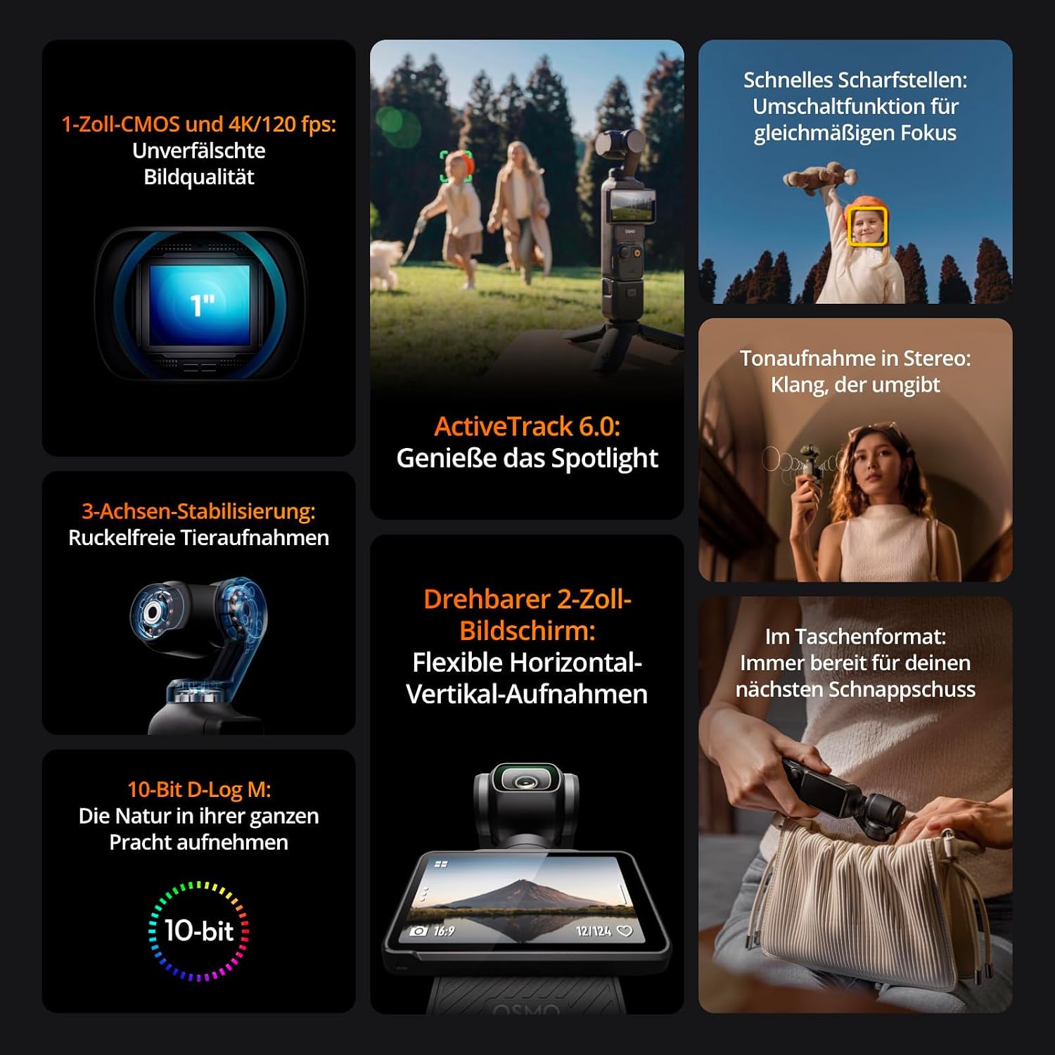 DJI Osmo Pocket 3, Vlogging-Kamera mit 1-Zoll-CMOS und 4K/120 fps Video, 3-Achsen-Stabilisierung, schnelles Scharfstellen, Gesichts/Objektverfolgung, kleine Videokamera für Fotografie