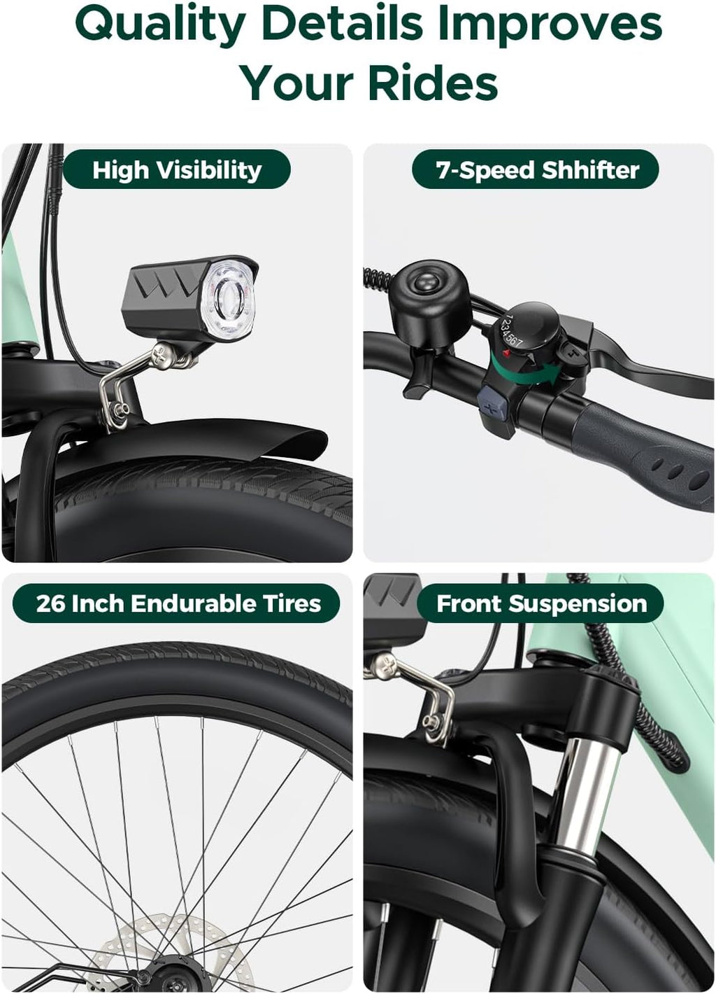 HillMiles 26" E-Bike mit 36V 13Ah Herausnehmbarer Batterie, 250W Elektrofahrrad für Herren Frauen, 25Km/H, Reichweite 80-100KM, 7-Gang Urban Commuter Electric Bike, MileCity1