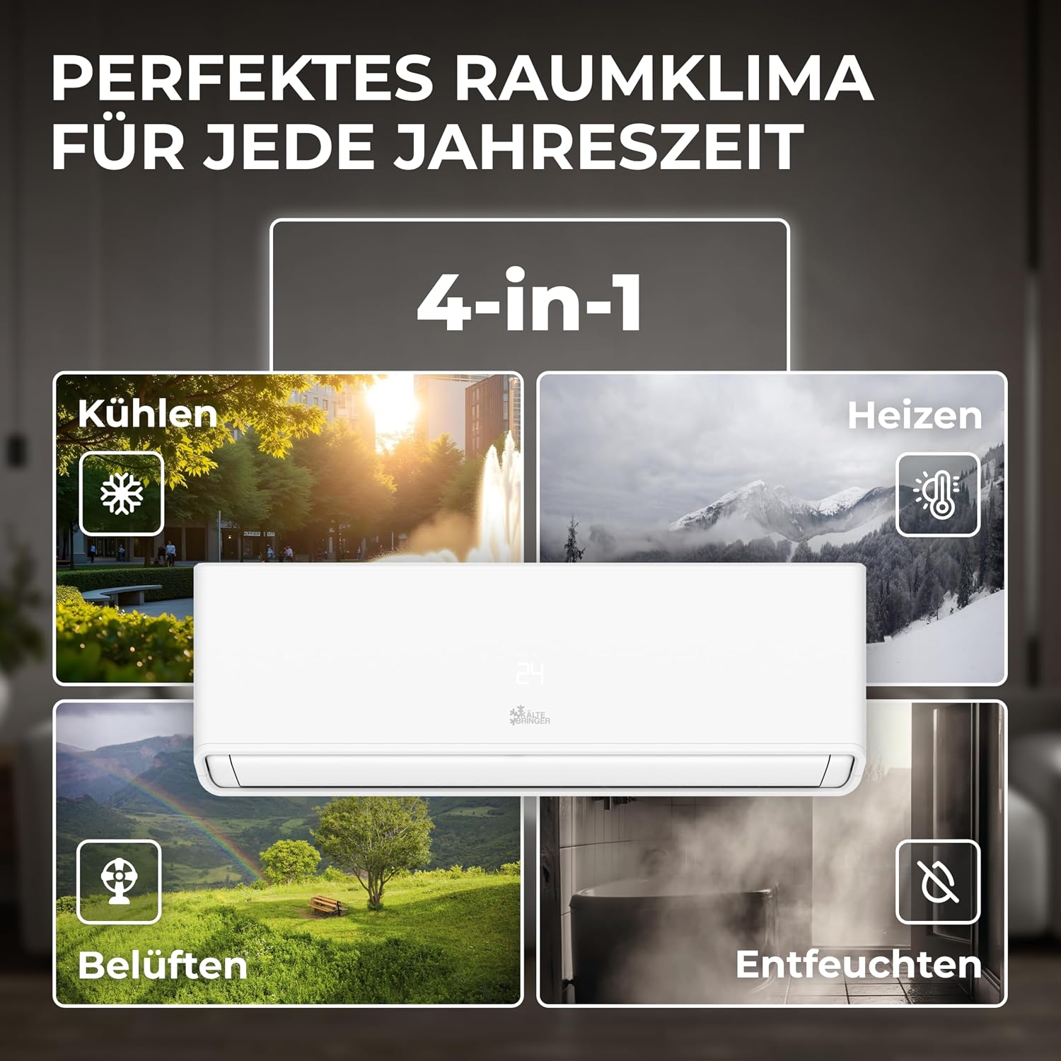 Kältebringer Split Klimaanlage 12000 BTU (3,7 kW) - R290 Kältemittel, kein F-Gas, Heizfunktion, WiFi & App, bis 60m², sehr leise, 5m Kupferleitung, A+++, Montagematerial, Bodenkonsole