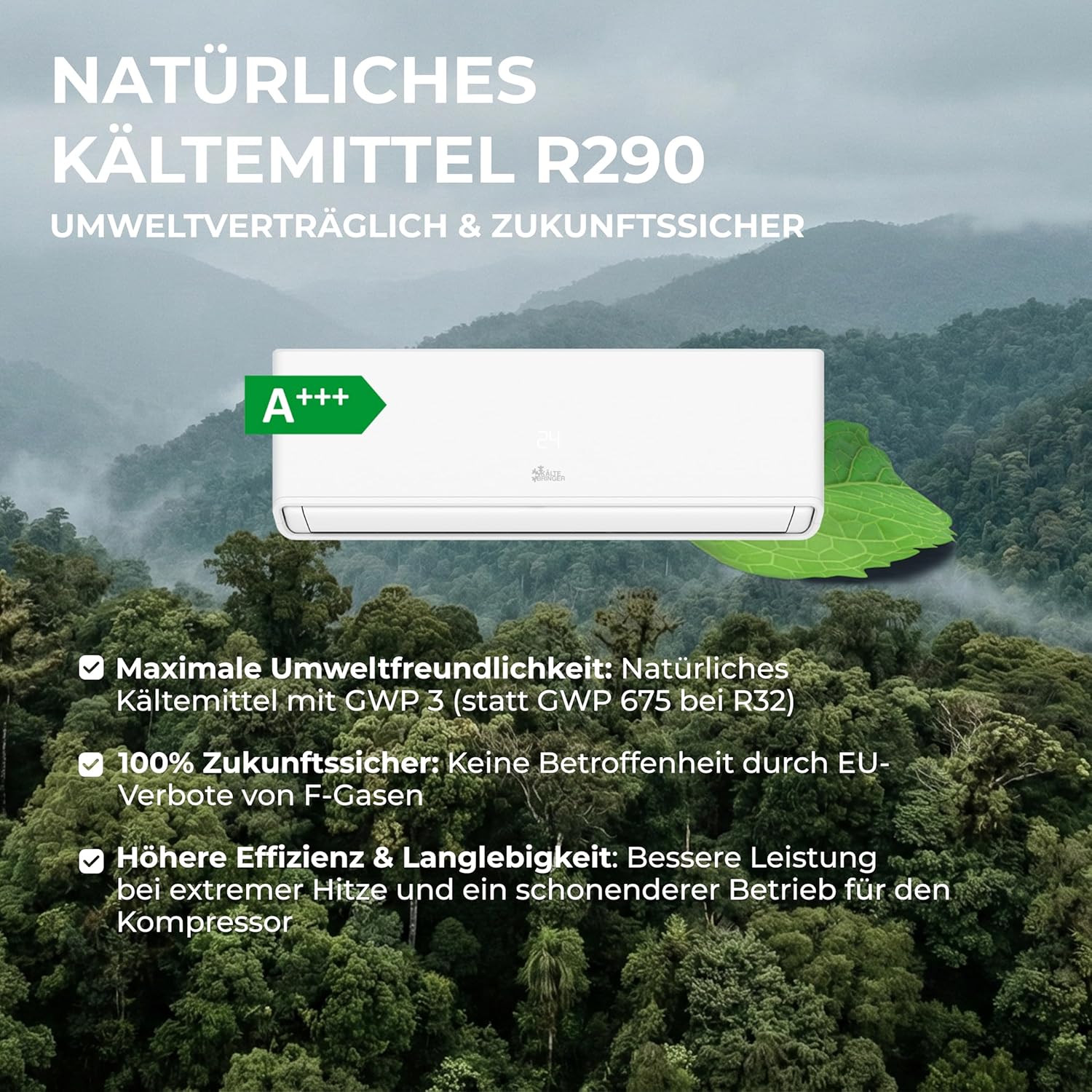 Kältebringer Split Klimaanlage 12000 BTU (3,7 kW) - R290 Kältemittel, kein F-Gas, Heizfunktion, WiFi & App, bis 60m², sehr leise, 5m Kupferleitung, A+++, Montagematerial, Bodenkonsole